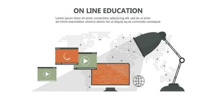 Education, training, on line tutorial, e-learning concept. Laptop with video on line training on the screen, with icons. Flat vector illustration.