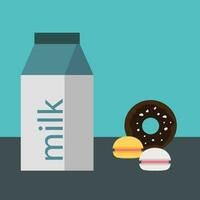 Milk carton with donut and cookies. Flat vector illustration