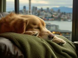 Pensive dog resting on a soft couch with a view of the city AI Generative photo