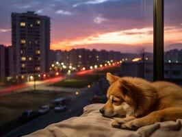 Pensive dog resting on a soft couch with a view of the city AI Generative photo