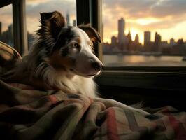 Pensive dog resting on a soft couch with a view of the city AI Generative photo