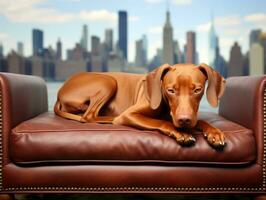Pensive dog resting on a soft couch with a view of the city AI Generative photo
