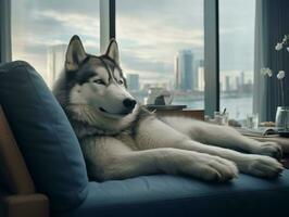 Pensive dog resting on a soft couch with a view of the city AI Generative photo