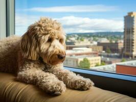 Pensive dog resting on a soft couch with a view of the city AI Generative photo