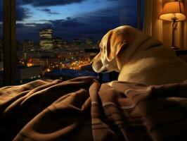 Pensive dog resting on a soft couch with a view of the city AI Generative photo