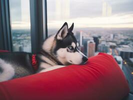 Pensive dog resting on a soft couch with a view of the city AI Generative photo