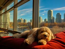 Pensive dog resting on a soft couch with a view of the city AI Generative photo