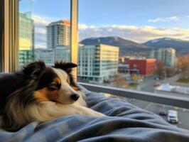 Pensive dog resting on a soft couch with a view of the city AI Generative photo