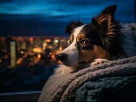 Pensive dog resting on a soft couch with a view of the city AI Generative photo