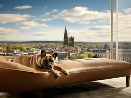 Pensive dog resting on a soft couch with a view of the city AI Generative photo