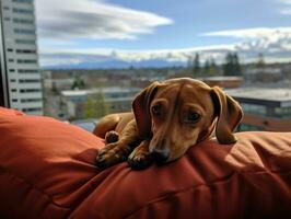 Pensive dog resting on a soft couch with a view of the city AI Generative photo