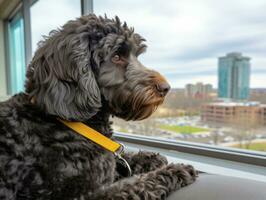 Pensive dog resting on a soft couch with a view of the city AI Generative photo