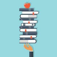 Education and knowledge concept. Hand holding bunch of books with apple on top. Flat vector illustration