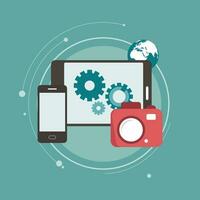 Digital camera connecting with mobile devices and data transfer. Flat vector illustration