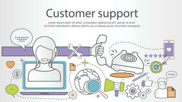 Support service concept banner. Flat design outline illustration with icons vector