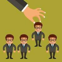 Choosing the best candidate for the job concept. Hand picking up a businessman from the row. Flat vector design