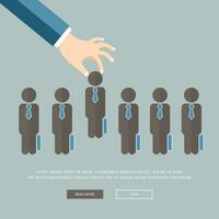 Choosing the best candidate for the job concept. Hand picking up a businessman from the row. Flat vector design