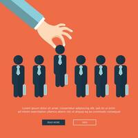 Choosing the best candidate for the job concept. Hand picking up a businessman from the row. Flat vector design