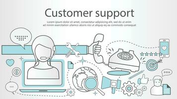 Support service concept banner. Flat design outline illustration with icons vector