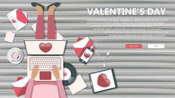 Valentine's day banner for websites. Girl sitting on wooden floor and holding lap top in her lap. Flat vector illustration