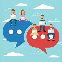 People sitting on big symbols. Speech bubbles for comment and reply concept. Flat vector illustration of young people using lap top for texting and leaving comments in social networks.