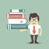 Business education concept. Businessman holding books. Flat vector illustration.