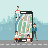 Smart phone navigation, mobile global positioning system and tracking concept. Location track app on touchscreen smart phone. People sitting on big smart phone holding lap tops and smart phones vector