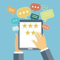 Rating on customer service illustration. Hands holding tablet with five stars. Website rating feedback and review concept. Flat vector illustration