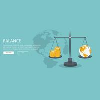 World globe on a scale with heaps of gold dollar coins. Balance concept. Flat vector illustration