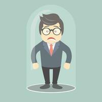 Sad businessman trapped in glass bulb. Flat vector illustration