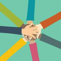 Teamwork concept. Friends with stack of hands showing unity and teamwork, top view. Young people putting their hands together. Flat vector illustration