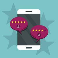 Concept of feedback, testimonials messages and notifications. Speech bubbles on mobile phone with review rating, flat style smart phone reviews stars with good and bad rate and text. Flat vector. vector
