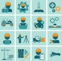 Engineering icon set. Engineer construction equipment machine operator managing and manufacturing icons. Flat vector illustration