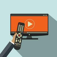 Hand holding remote control. TV icon concept. Play icon on television. Smart TV concept. Flat vector illustration