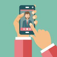 Video conference on line call concept. Hands holding smart phone with live video conversation on screen. Flat vector illustration