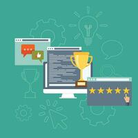 Website ratings concept. Search engine optimization concept in flat style. Top ranking website on the screen of computer - positive customer reviews and good ratings. Flat vector illustration