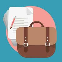 Business bag and papers icon. Job equipment. Flat vector illustration