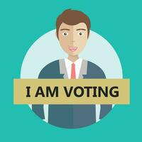 Person holding I am voting sign. Presidential Election concept. Template for background, banner, card, poster with text inscription. Vector EPS10 illustration
