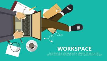 Work space business banner. Man sitting on the floor and holding lap top. View from the top. Flat vector illustration