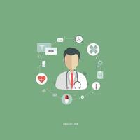 Vector illustration in a modern flat style, health care concept. A doctor in uniform with stethoscope and first aid kit. On line consultation. Flat vector illustration.