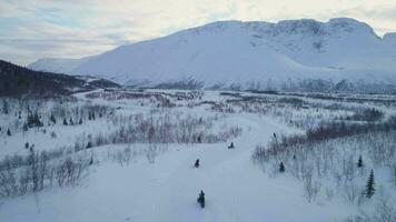 equitação em motos de neve dentro Nevado montanhas. aéreo visualizar. zangão é perseguindo motos de neve e vôo avançar.. video