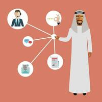 Arab businessman presenting customer relationship management. System for managing interactions with current and future customers. Flat vector illustration.