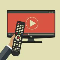 Hand holding remote control. TV icon concept. Play icon on television. Smart TV concept. Flat vector illustration