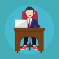 Support service concept. Technical support assistant in office. Man sitting at office desk. Flat vector illustration.