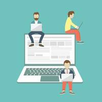 People sitting on big notebook. Social network web site. Surfing concept illustration of young people using lap top to be a part of on line community. Flat vector illustration