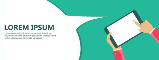 Social network and chatting banner. Global communication, e mailing, web calls. Hands holding tablet with huge speech bubble. Flat vector illustration