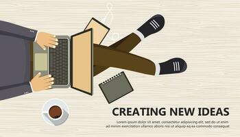 Creating new ideas business banner. Man sitting on the wooden floor and holding lap top in his lap. Flat vector illustration