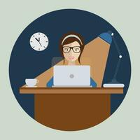 Woman studying in front of computer at night. Flat vector. vector