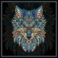 Colorful wolf head mandala arts isolated on black background. vector