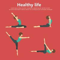 Healthy life concept. Sport and recreation. Yoga positions, gymnastics and fitness training. Flat vector illustration. Icon set